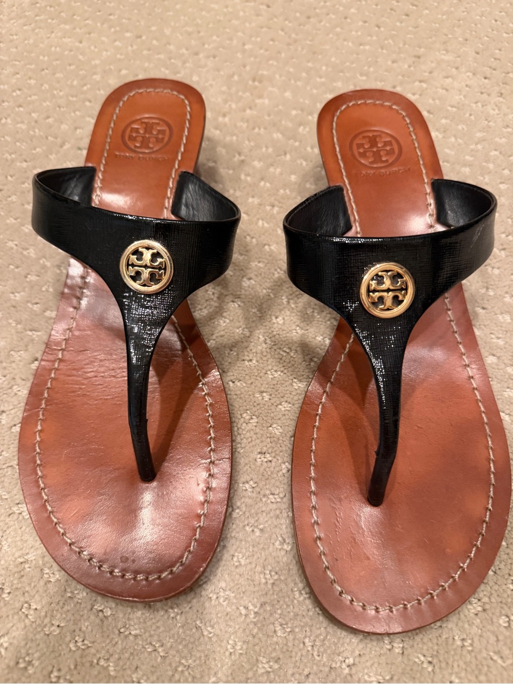 Tory Burch Black Leather Thong Sandals with Gold Logo